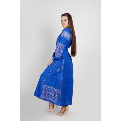 Boho Style Ukrainian Embroidered Maxi Broad Dress Blue with Red Embroidery